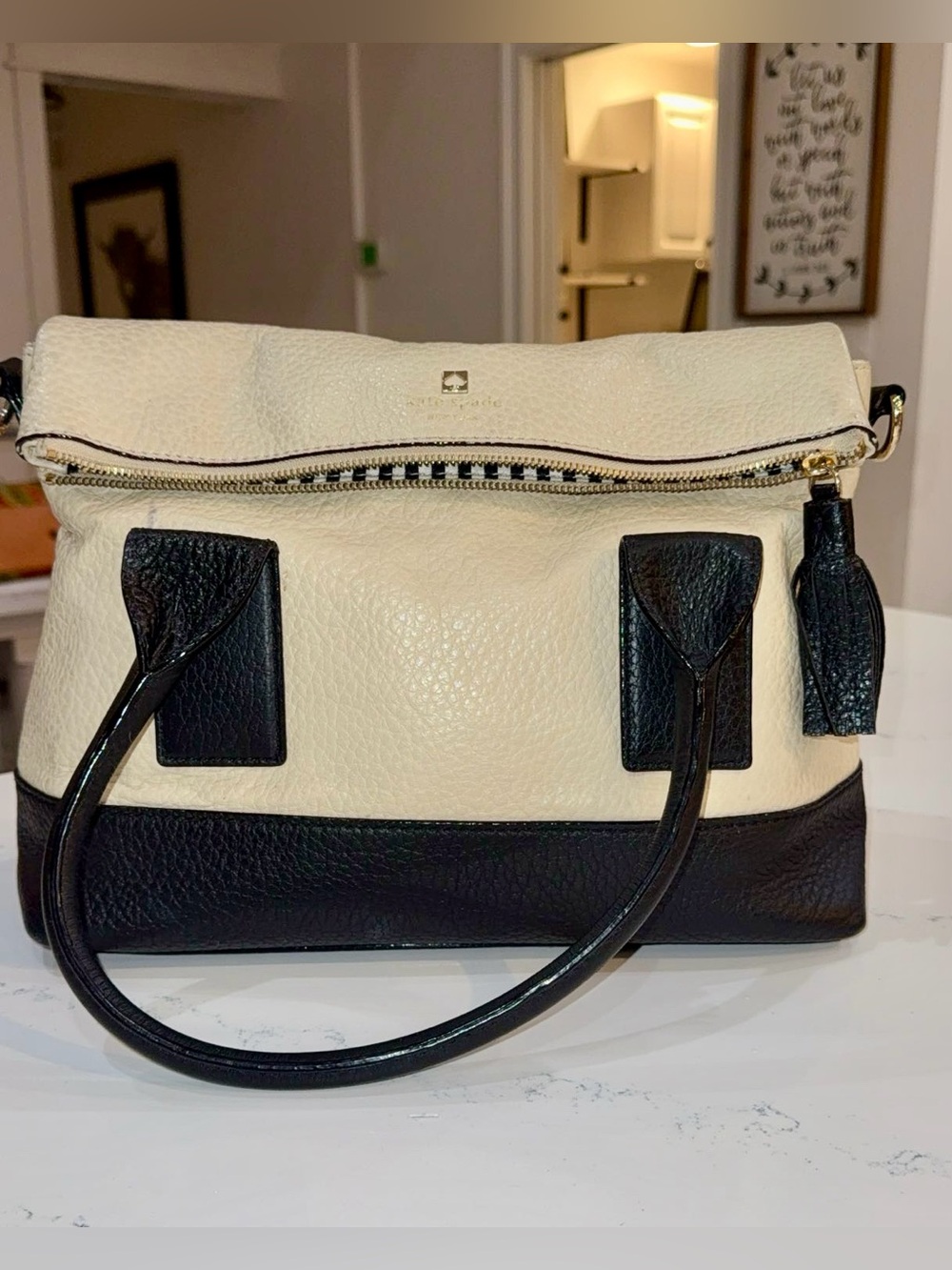 Kate Spade White Cream/Black Leather Satchel Tote👛✨